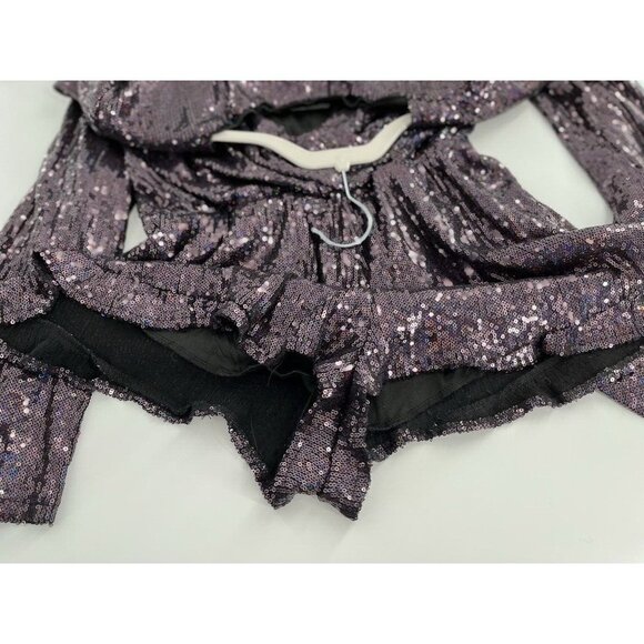 Honey Punch Purple Sequin Short Romper Size Small Holiday Party Long Sleeve - Picture 5 of 8